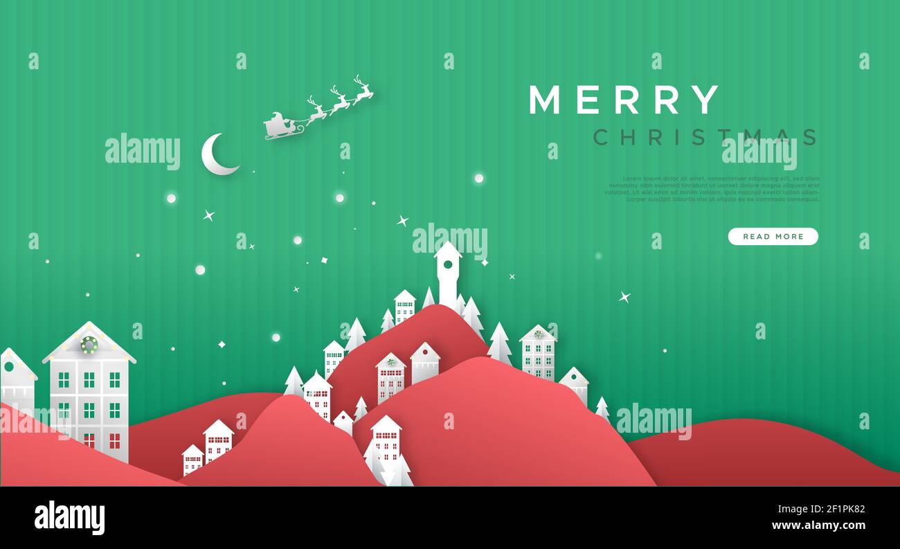 Frohe Weihnachten Web-Vorlage Illustration von festlichen Papercut Weihnachten Dorf, Wintersaison Landschaft. Online Event Feier Design mit santa claus Stock Vektor