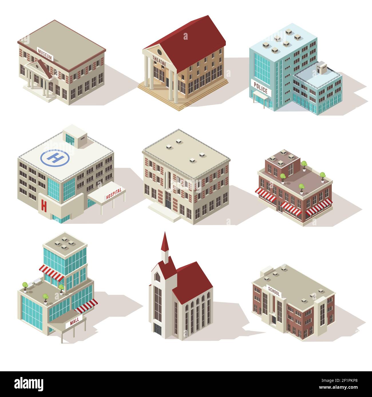 Stadtgebäude isometrische Symbole mit Krankenhaus Kirche und Schule gesetzt Polizei und Theater Mall isoliert Vektor-Illustration Stock Vektor