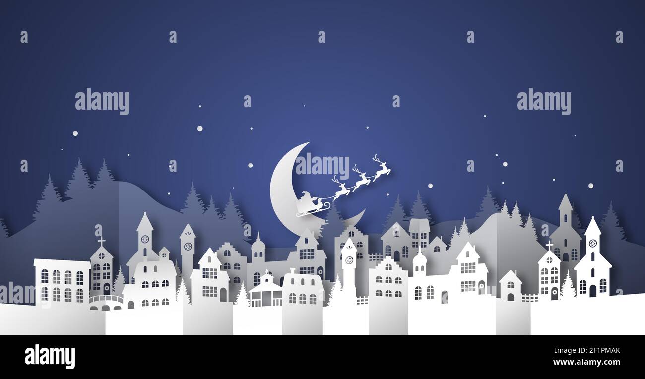Weihnachten Illustration von Winter Xmas Dorf in geschichteten 3D papercut Stil. Papierhandwerk Stadtlandschaft bei Nacht mit santa claus Schlitten, Mond und Schnee. Stock Vektor