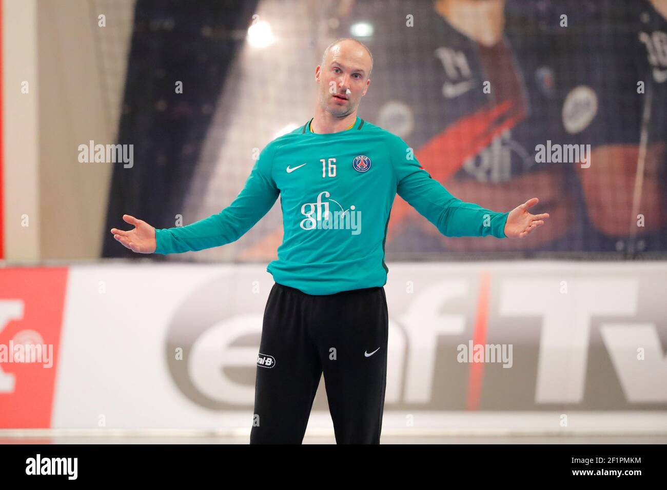 Thierry Omeyer (PSG Hanball) während der EHF Champions League, Gruppe A, Handball-Spiel zwischen Paris Saint-Germain Handball gegen Bjerringbro-Silkeborg, am 11st. Januar 2017, im Pierre de Coubertin Stadion in Paris, Frankreich - Foto Stéphane Allaman / DPPI Stockfoto