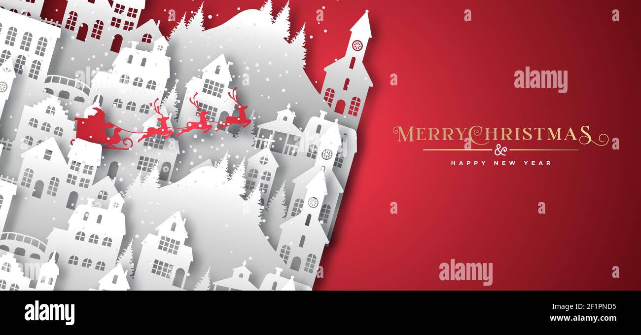 Frohe Weihnachten Happy New Year Web-Banner Illustration von Winter XMAS Dorf in geschichteten 3D papercut Stil. Papierhandwerk Stadtlandschaft mit santa clau Stock Vektor