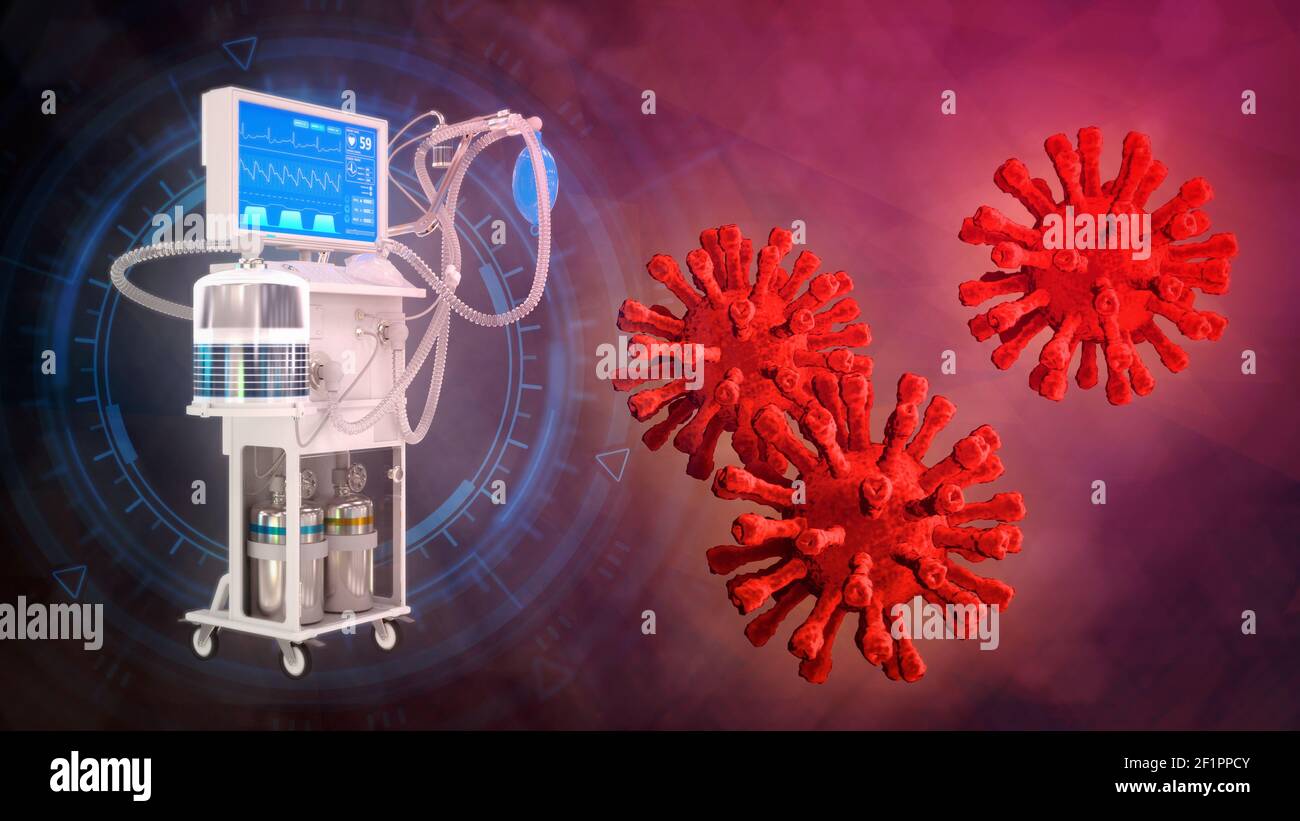 cg Medicine 3D Illustration, ITS Lungenventilator mit Covid Stockfoto