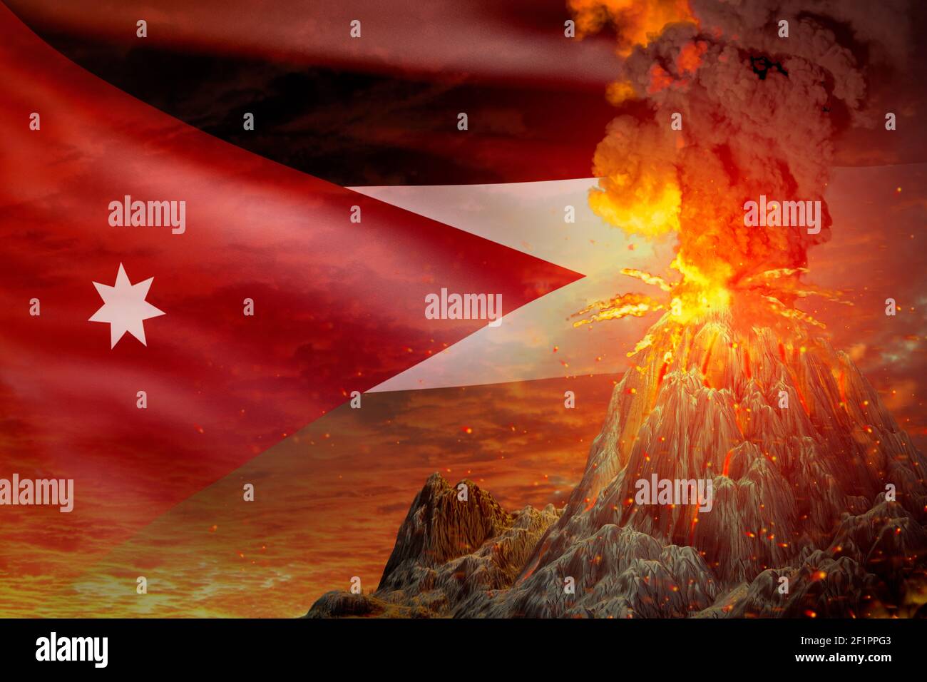 Hoher Vulkanausbruch in der Nacht mit Explosion auf jordanische Flagge Hintergrund, Probleme der Naturkatastrophe und vulkanisches Erdbeben konzeptuelle 3D illustrati Stockfoto