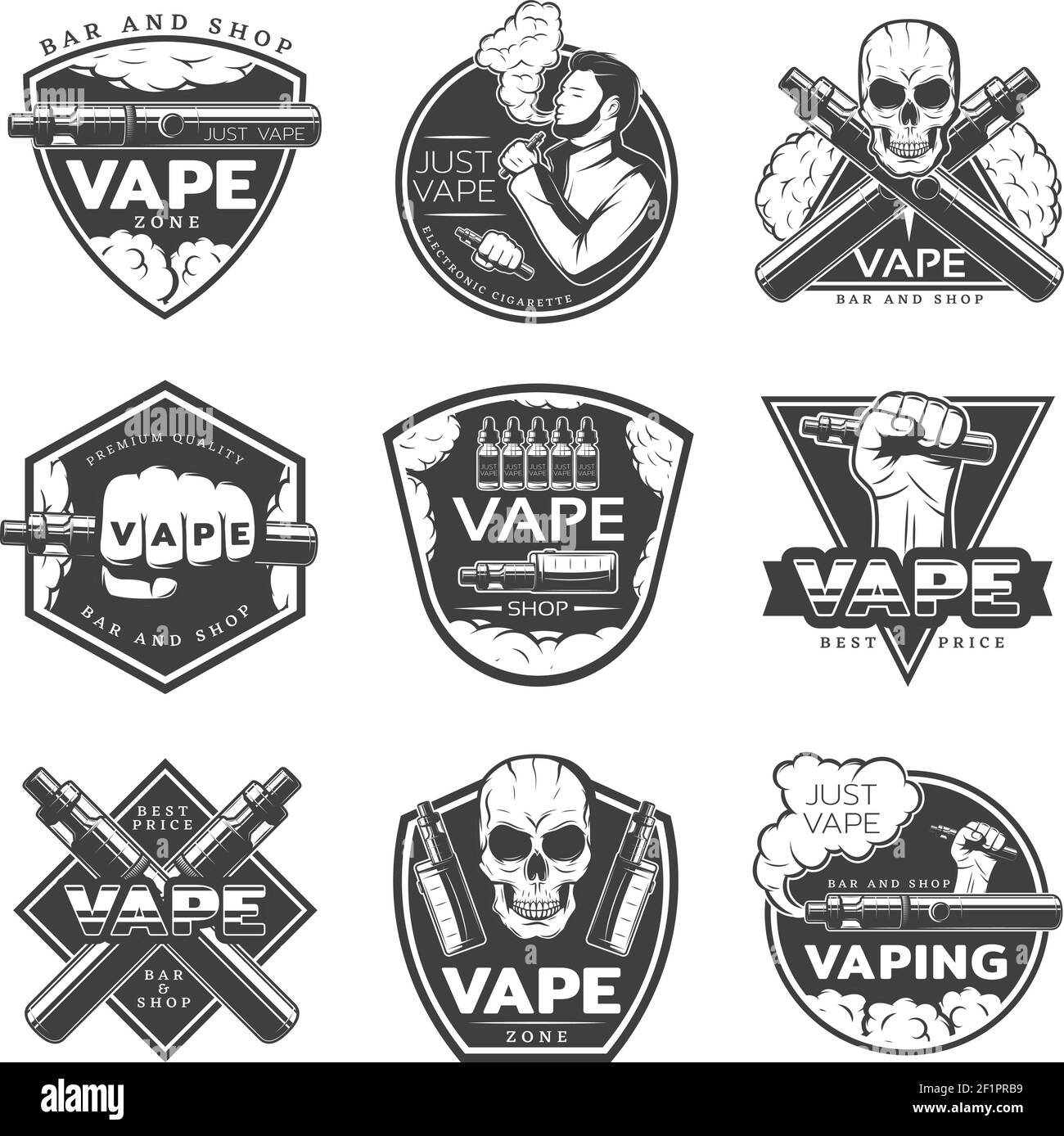 Vintage Vape Labels mit Vaporizer Smoker elektronische Zigarette und Totenkopf Isolierte Vektordarstellung Stock Vektor