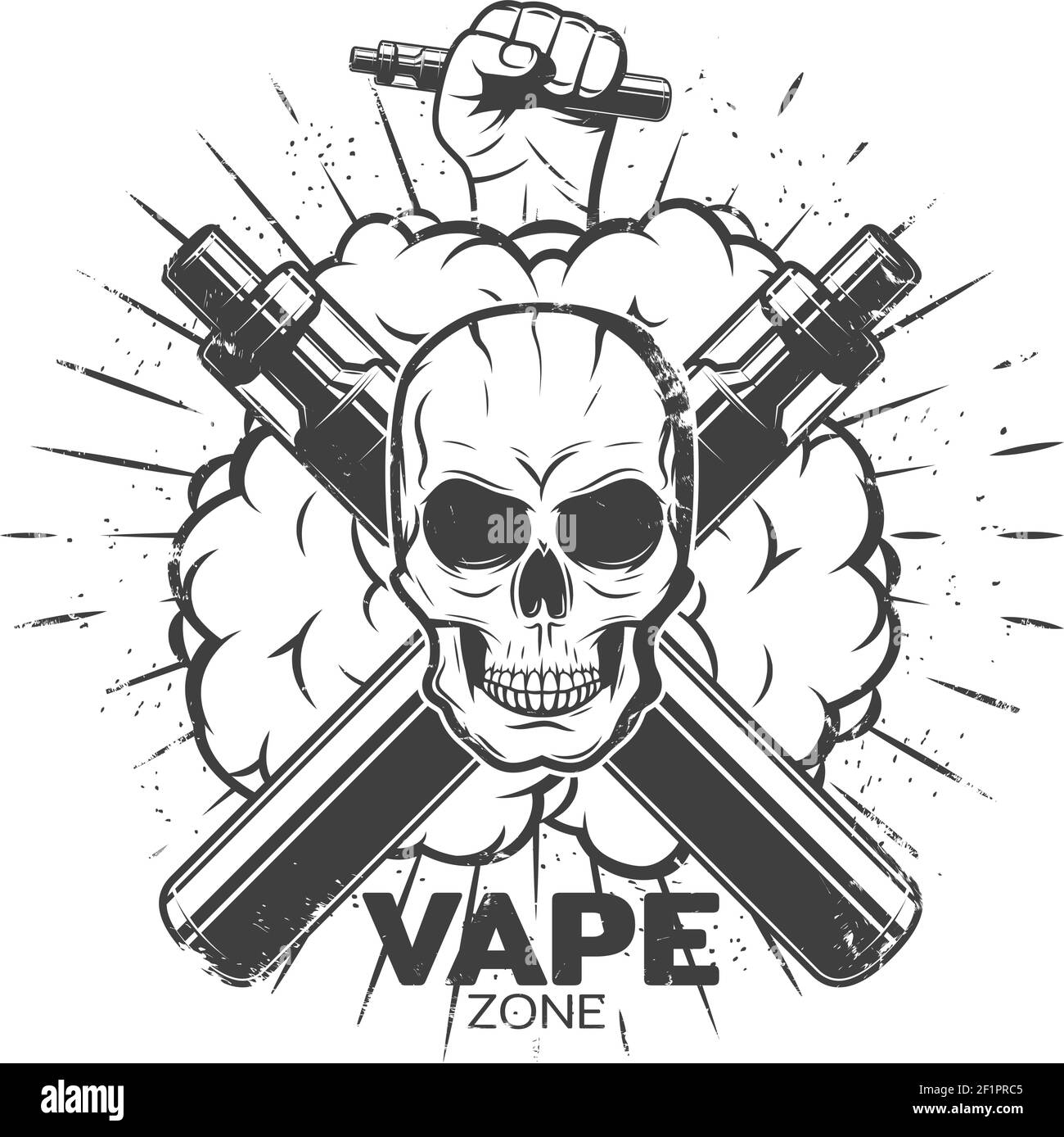 Vintage Vape Label mit Totenkopf Vaporizers raucht Hand hält elektronische Zigarette und Sunburst isoliert Vektor-Illustration Stock Vektor