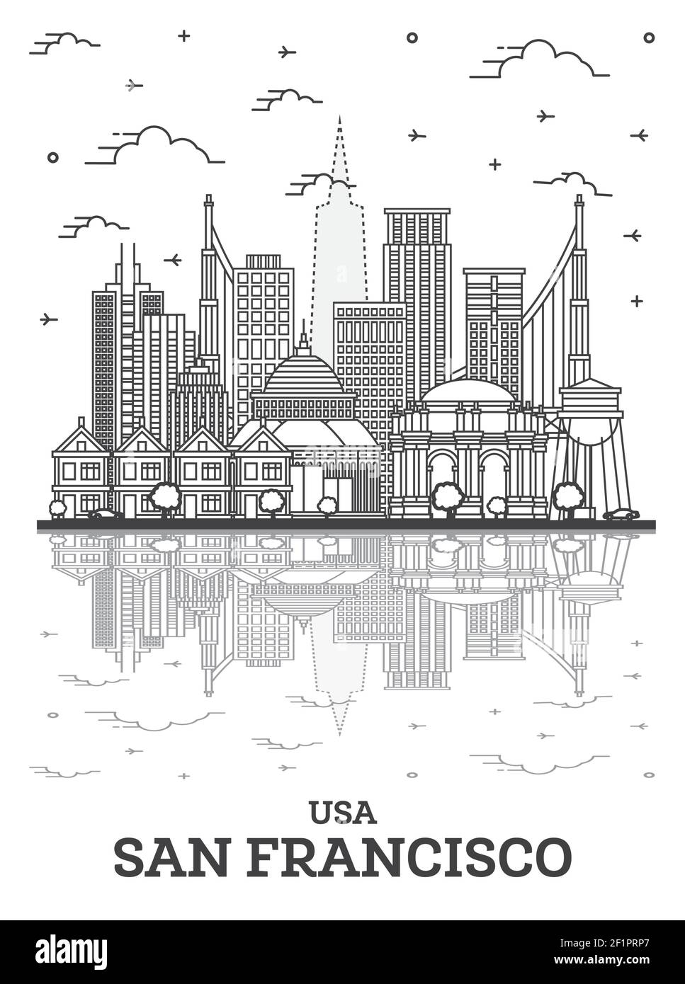 Skizzieren Sie die Skyline von San Francisco, Kalifornien, mit modernen Gebäuden und Reflektionen, isoliert auf Weiß. Vektorgrafik. San Francisco USA Stock Vektor