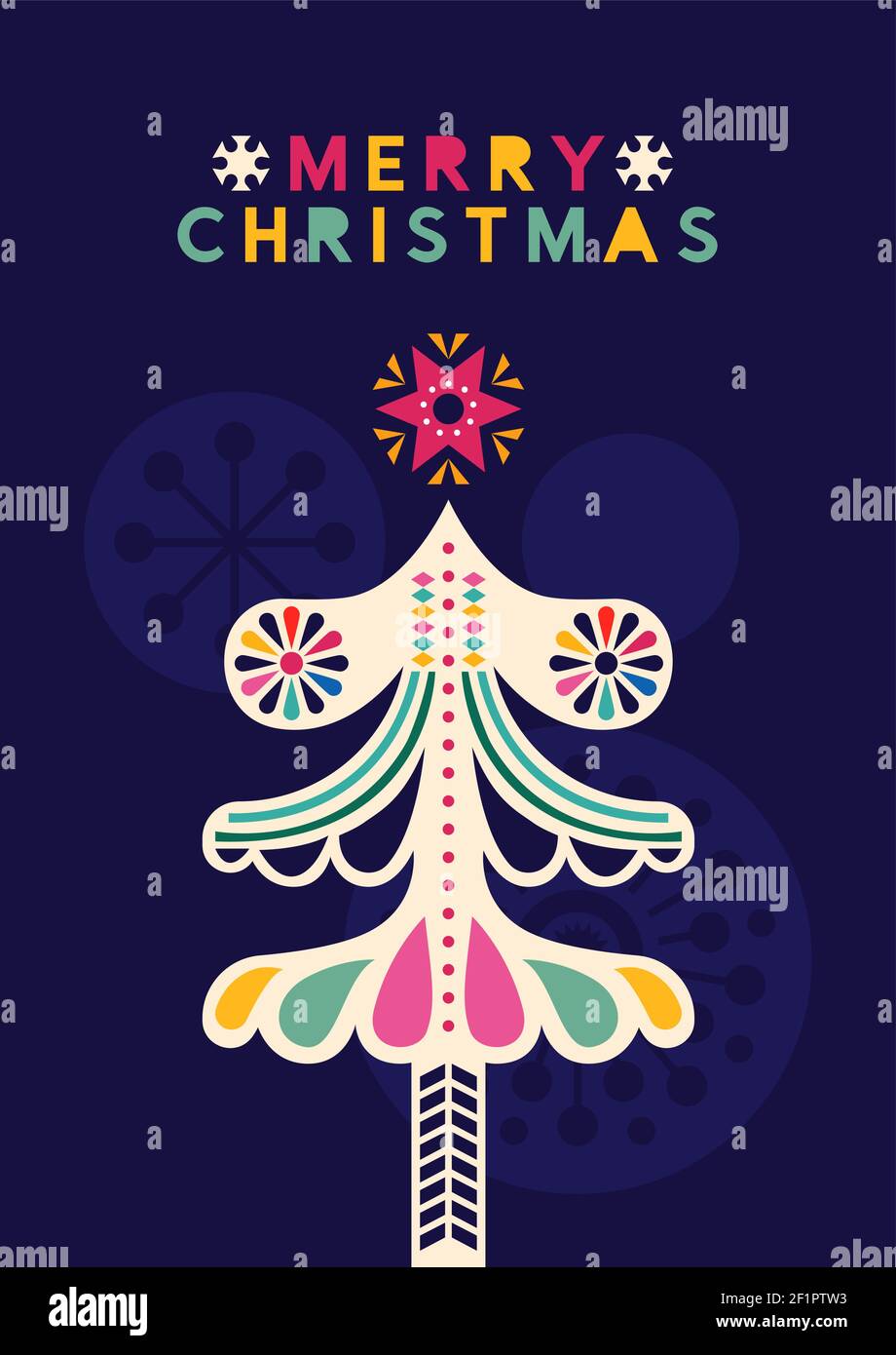 Frohe Weihnachten Grußkarte Illustration von bunten Winter Kiefer mit Stern Ornamente in modernen Volkskunst-Stil. Abstrakte skandinavische Geometrie Stock Vektor