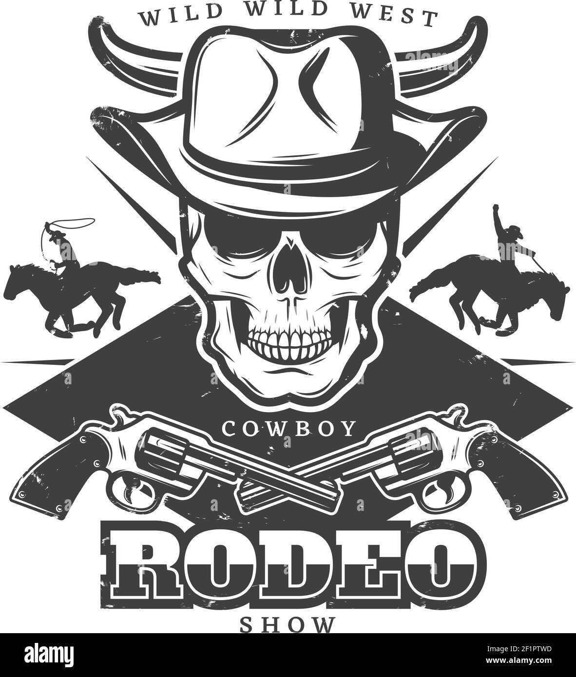 Vintage Wild West Rodeo Vorlage mit Totenkopf Cowboys Reiten Hengste Revolver Hut und Hörner isoliert Vektor-Illustration Stock Vektor