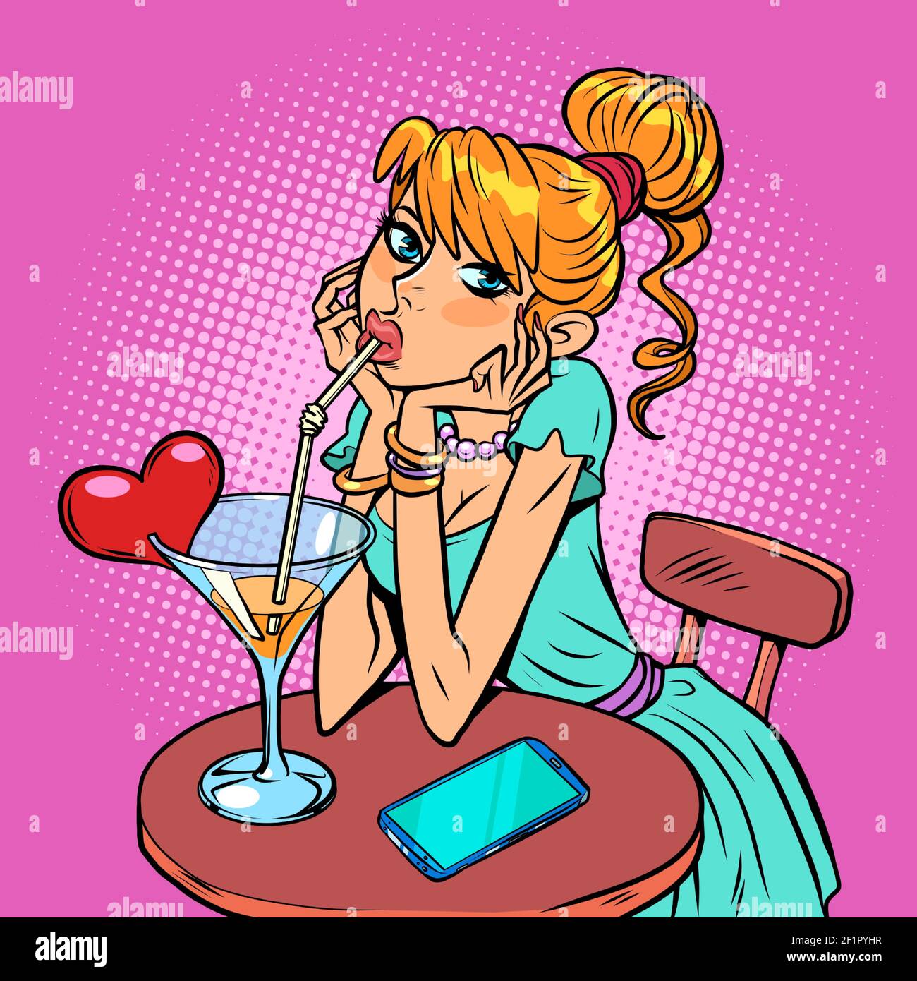 Schönes Mädchen trinkt einen Cocktail. Valentinstag Urlaub Stock Vektor