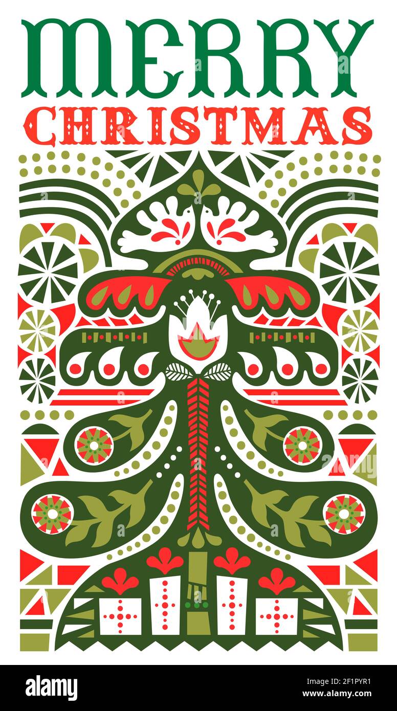 Frohe Weihnachten Grußkarte Illustration im traditionellen Volkskunst-Stil. Festliche Weihnachtskiefer mit Vintage nordischen Dekoration. Inklusive Peace dov Stock Vektor