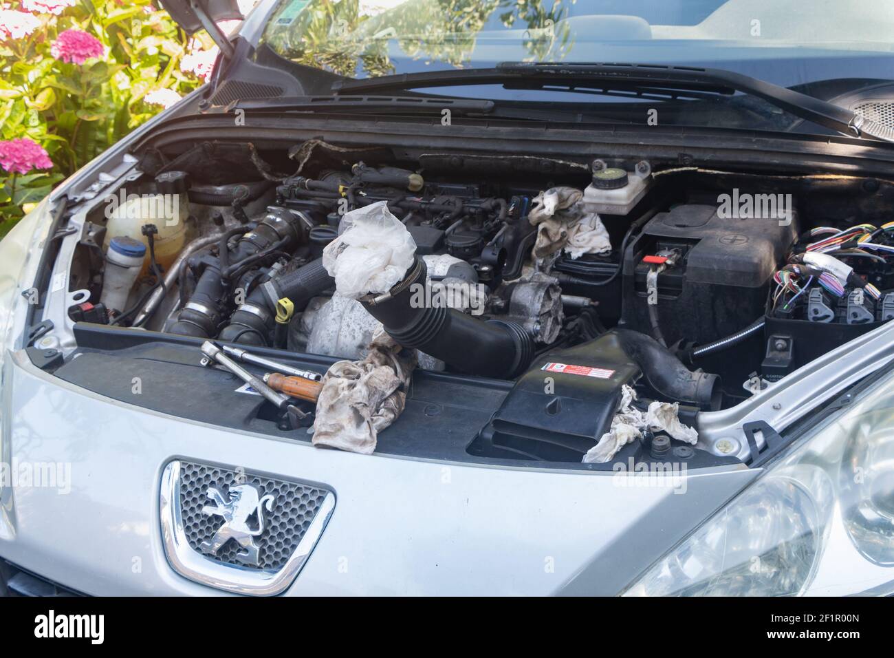Primelin – Frankreich, 22. Juni 2020 : Motor eines Peugeot 307 Autos mit offener Motorhaube Stockfoto