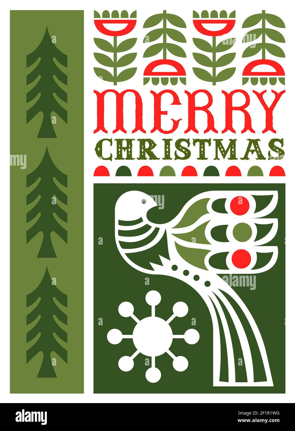 Frohe Weihnachten Grußkarte Illustration in modernen minimalistischen Folk Art Stil. Festliches Feiertagsdesign mit geometrischer flacher nordischer Dekoration. Enthält Stock Vektor
