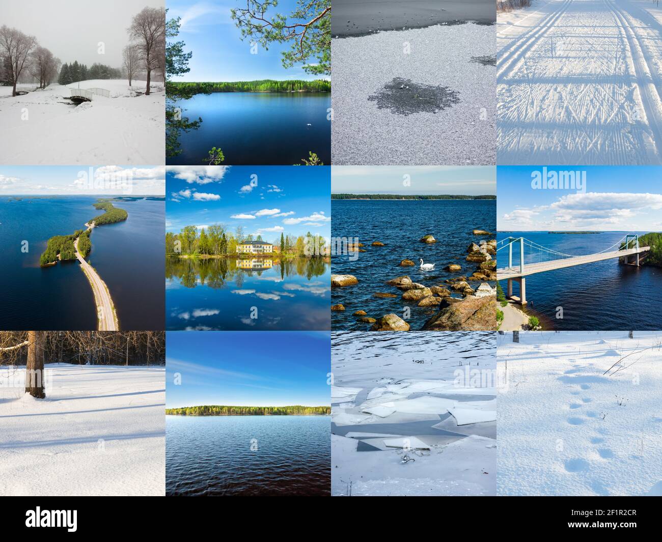 Collage von Winter- und Sommernaturfotos in Form von finnischer Flagge. Volle Größe. Stockfoto
