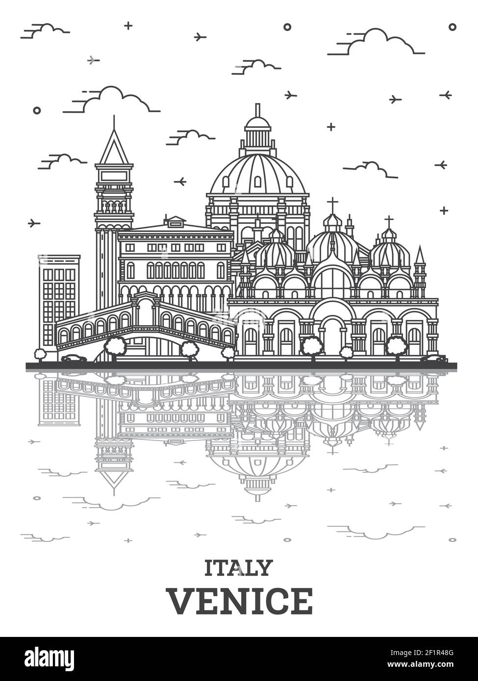 Skizzieren Sie Venedig Italien City Skyline mit historischen Gebäuden und Reflektionen isoliert auf Weiß. Vektorgrafik. Stadtbild von Venedig mit Wahrzeichen. Stock Vektor