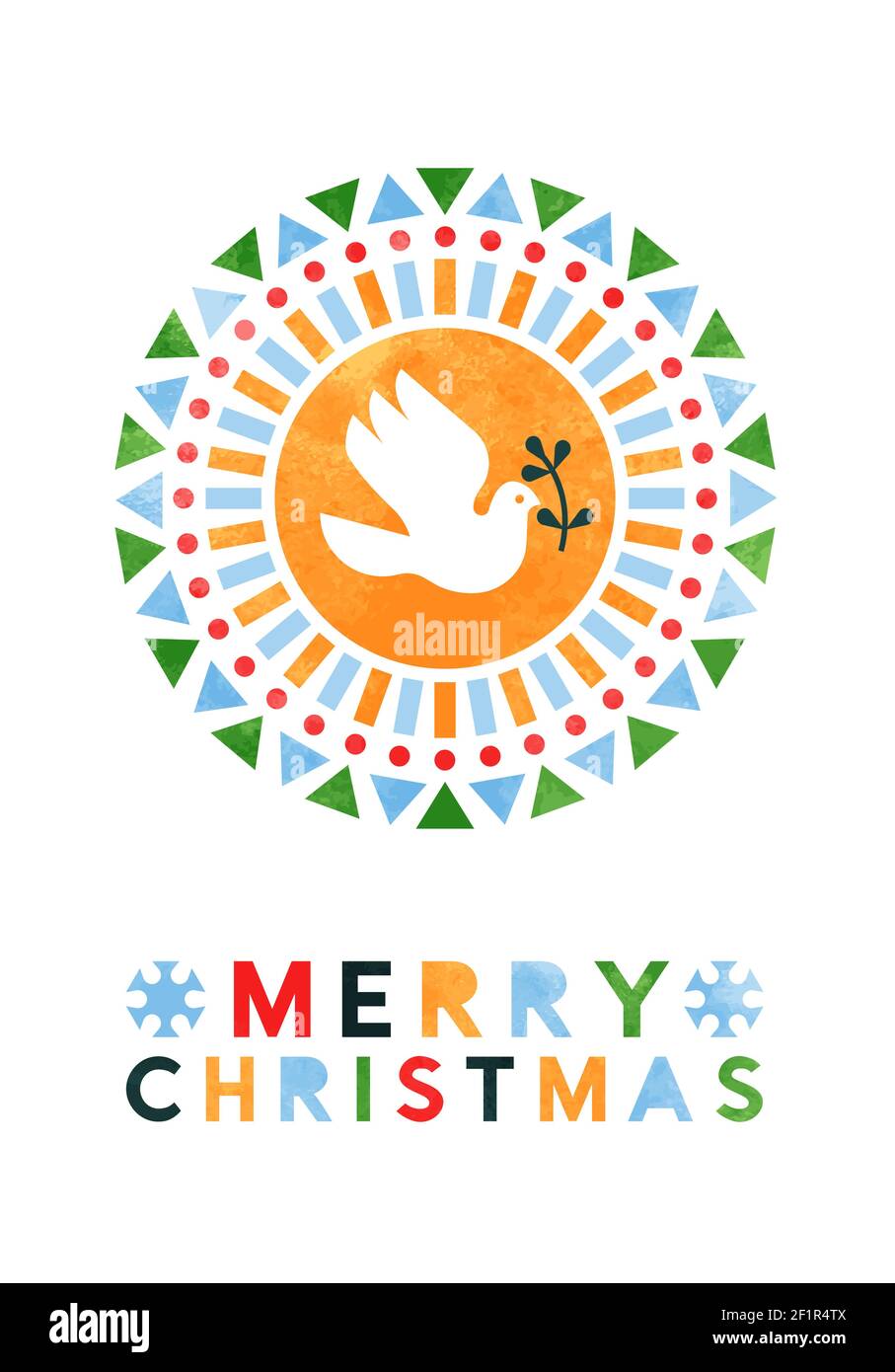 Frohe Weihnachten Grußkarte Illustration von Frieden Taube Vogel mit abstrakten geometrischen Volksformen in Aquarell-Textur. Modernes skandinavisches Design Stock Vektor