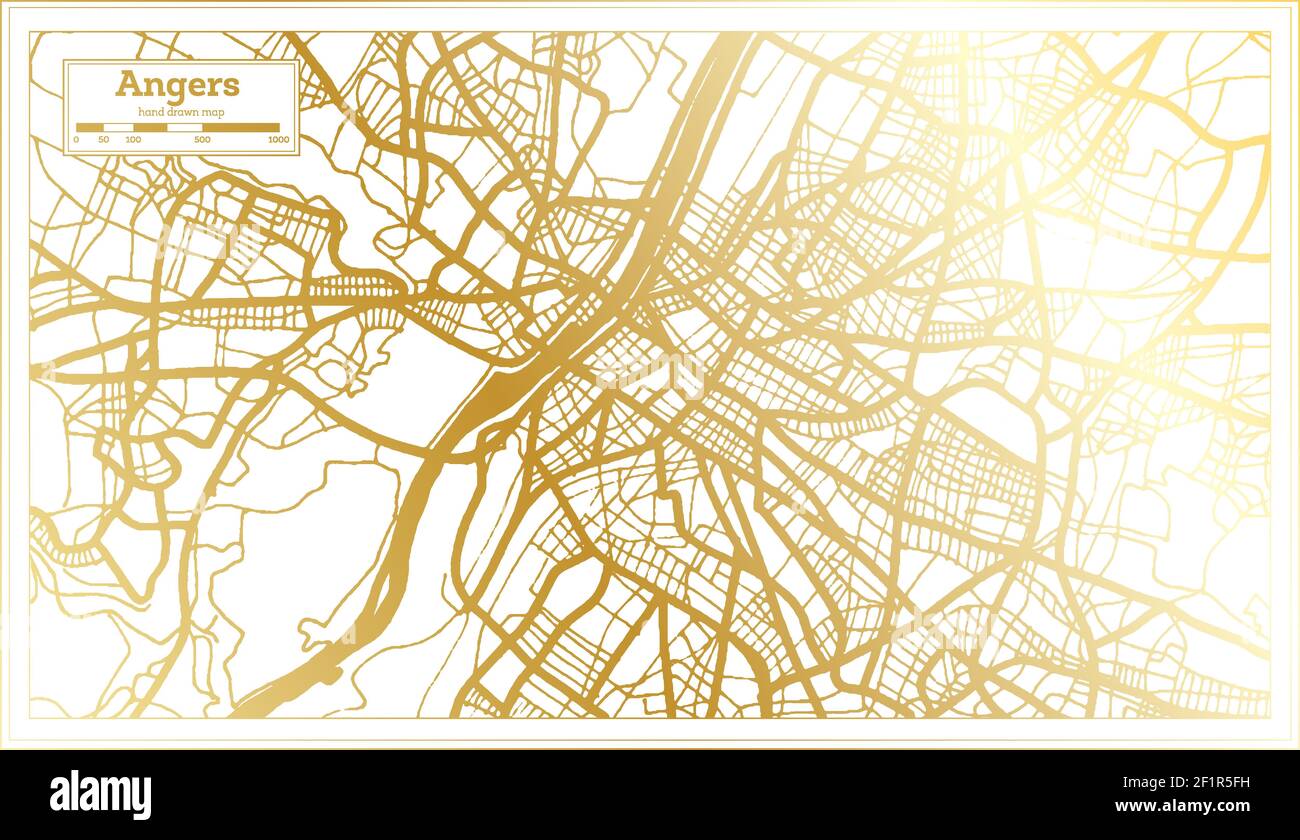 Angers France Stadtplan im Retro-Stil in Golden Color. Übersichtskarte. Vektorgrafik. Stock Vektor