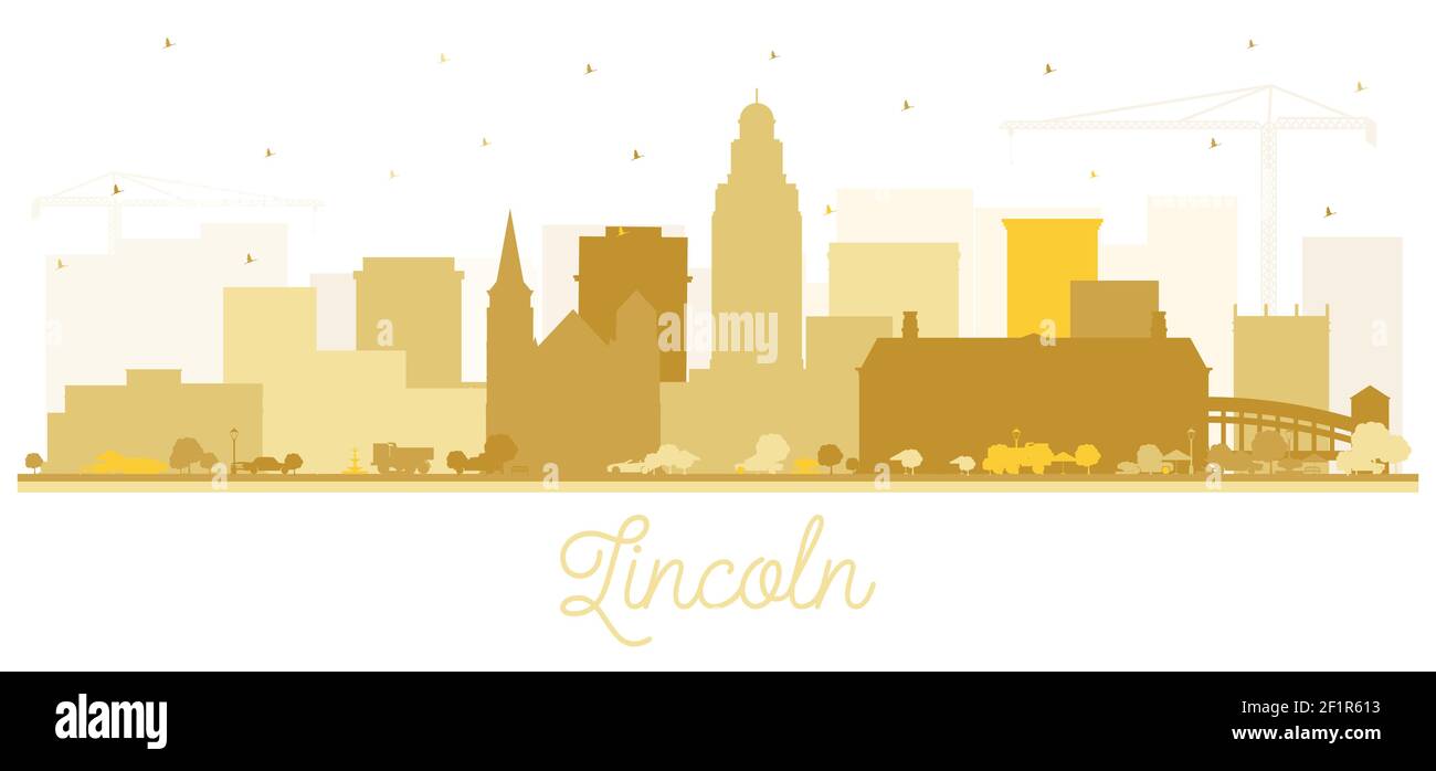 Lincoln Nebraska City Skyline Silhouette mit goldenen Gebäuden isoliert auf Weiß. Vektorgrafik. Business Travel und Tourismus Konzept Stock Vektor