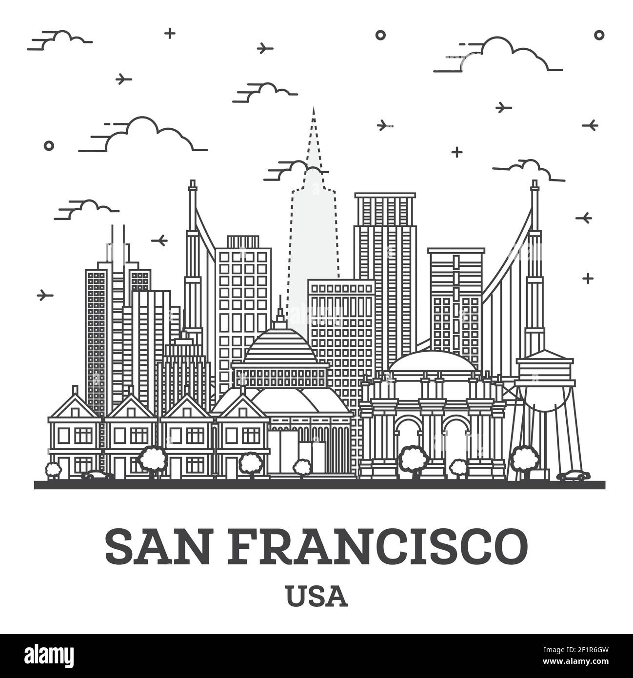 Übersicht San Francisco Kalifornien Skyline der Stadt mit modernen Gebäuden isoliert auf Weiss. Vector Illustration. San Francisco USA Stadtbild mit Referenzmarken Stock Vektor