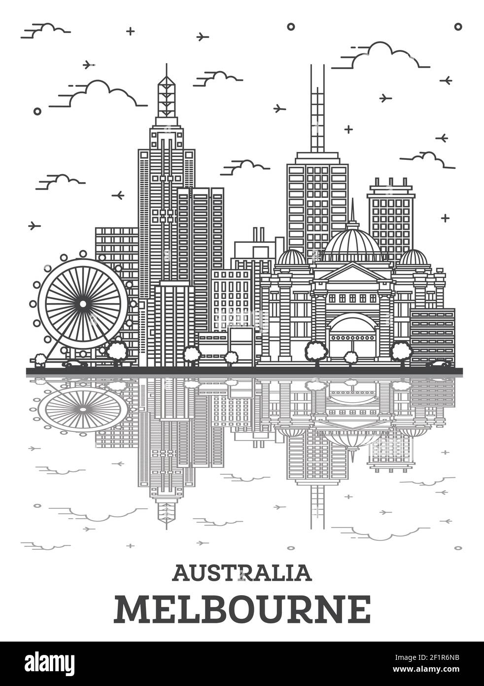 Umreißen Sie die Skyline von Melbourne Australia City mit modernen und historischen Gebäuden mit Reflektionen auf Weiß isoliert. Vektorgrafik. Melbourne Stock Vektor