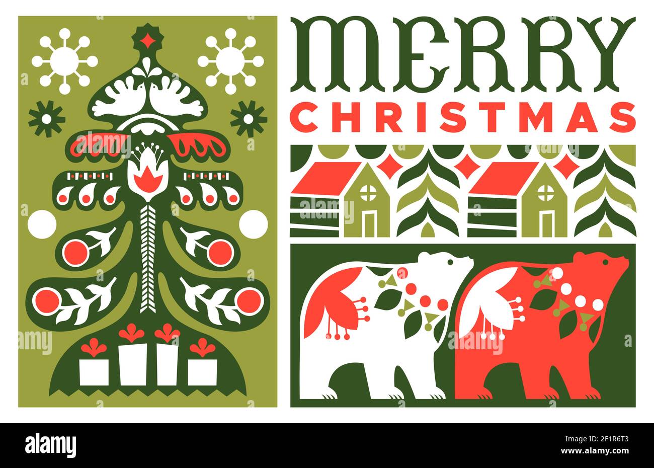 Frohe Weihnachten Grußkarte Illustration im traditionellen Volkskunst-Stil. Festliches Feiertagsdesign mit geometrischer flacher nordischer Dekoration. Inklusive Kiefer Stock Vektor