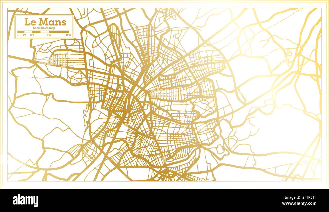 Le Mans Frankreich Stadtplan im Retro-Stil in goldenen Farben. Übersichtskarte. Vektorgrafik. Stock Vektor