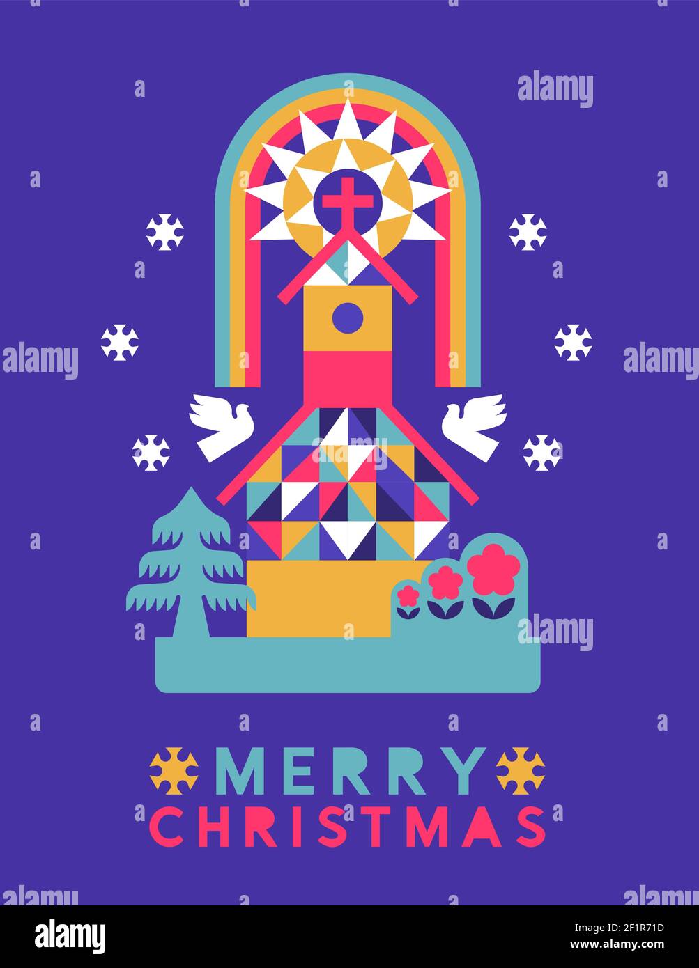 Frohe Weihnachten Grußkarte Illustration der modernen Volkskunst Kirchengebäude in Neonfarbe Kiefernwald. Friedliche Wohnung Cartoon Wintersaison Land Stock Vektor