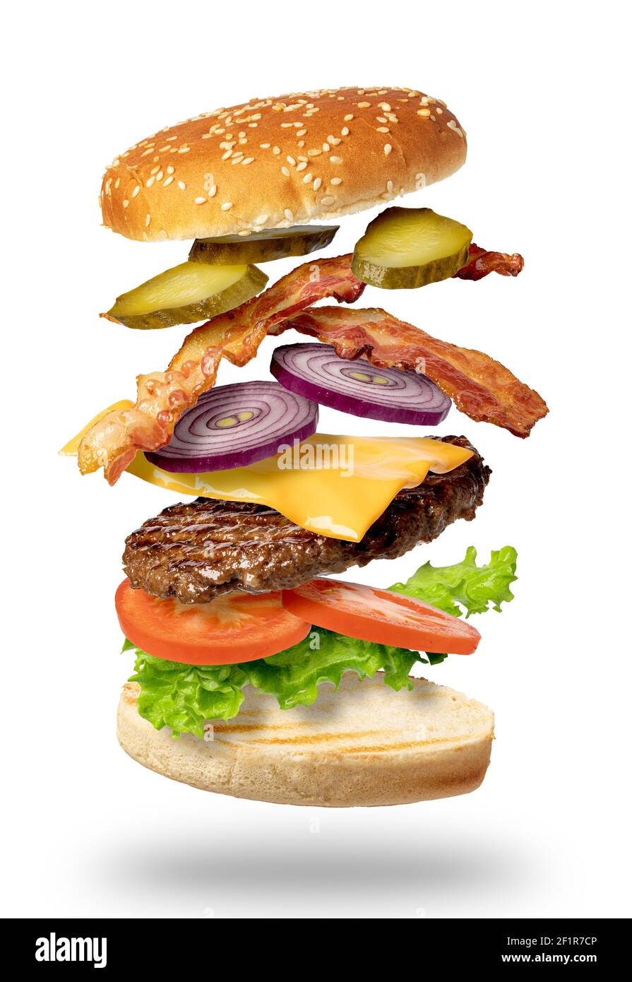 Fliegender Burger auf weißem Hintergrund Stockfoto