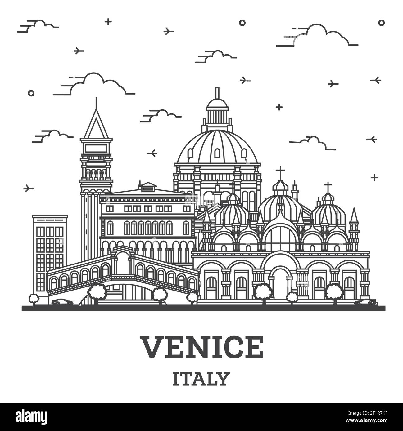 Skizzieren Sie Venedig Italien City Skyline mit historischen Gebäuden isoliert auf Weiß. Vektorgrafik. Stadtbild von Venedig mit Wahrzeichen. Stock Vektor