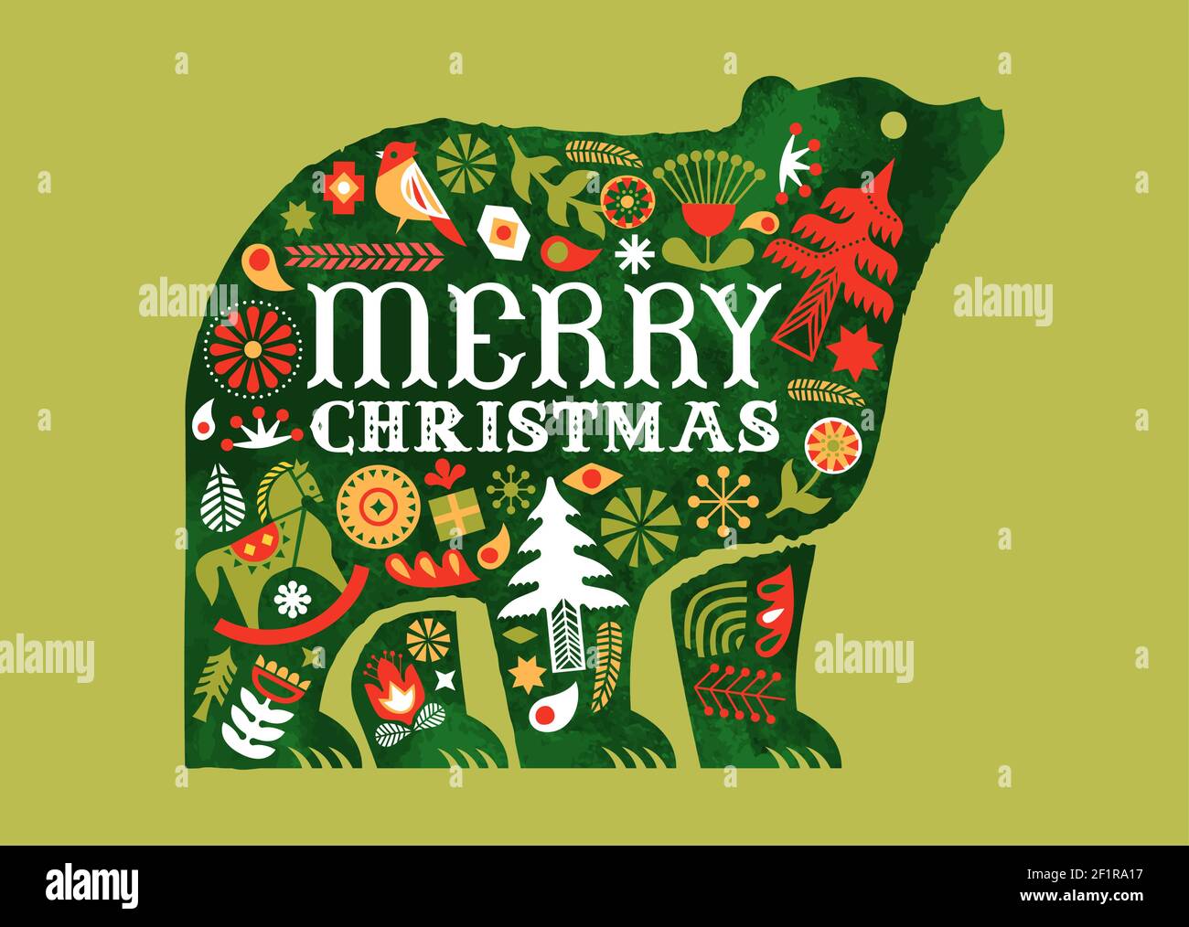 Frohe Weihnachten Retro Volkskunst Grußkarte, traditionelle nordische Dekoration in Aquarell Bär Tier für Urlaubseinladung oder saisonale Grüße. Zoll Stock Vektor