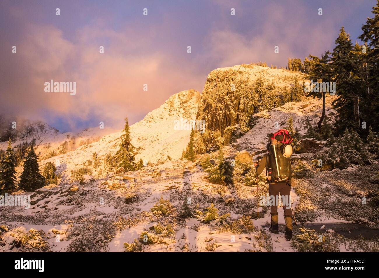 Rückansicht des Wanderruckpacks im Pinecone Burke Provincial Park. Stockfoto