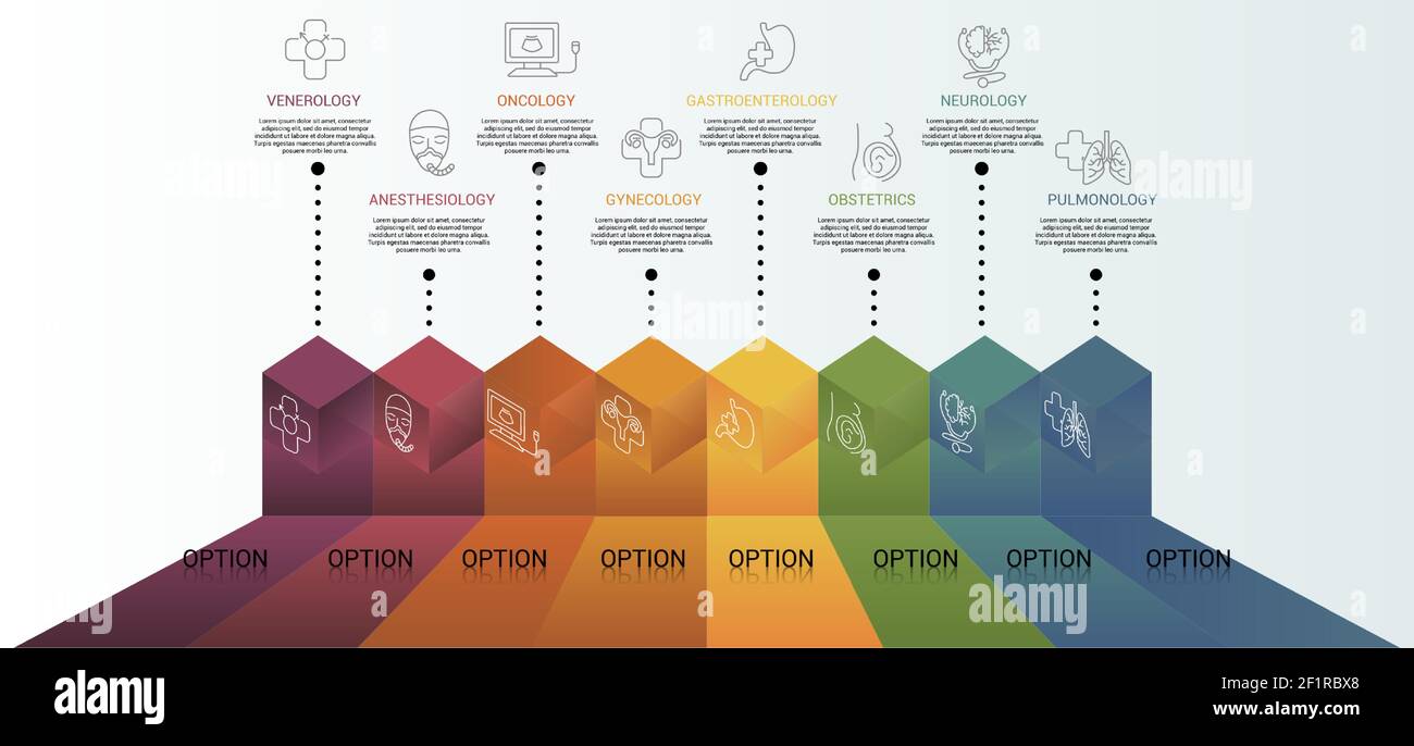 Infografik Medizinische Vorlage. Symbole in verschiedenen Farben. Schließen Sie Venerologie, Anästhesiologie, Onkologie, Gynäkologie und andere ein. Stock Vektor