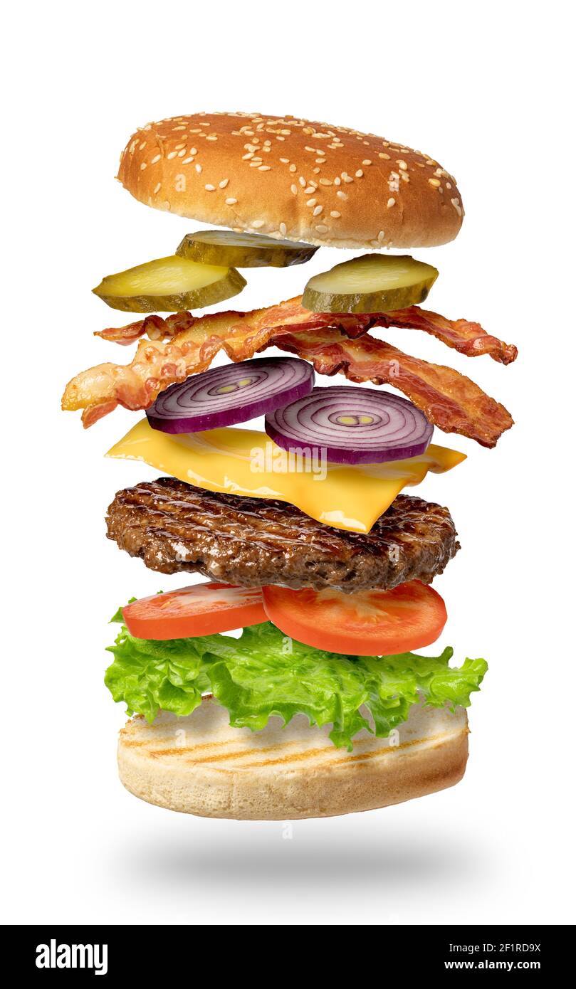 Fliegender Burger auf weißem Hintergrund Stockfoto