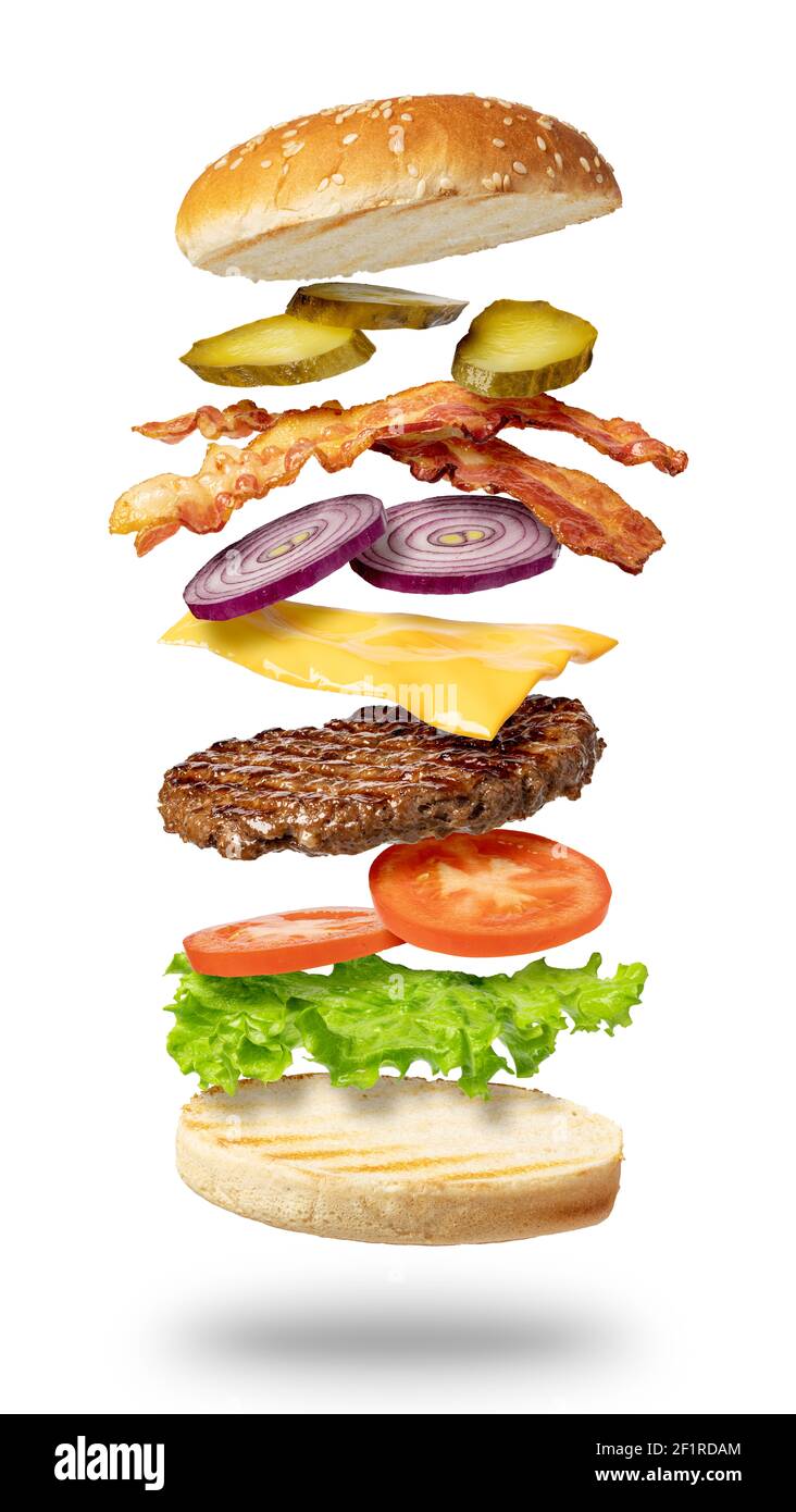 Fliegender Burger auf weißem Hintergrund Stockfoto