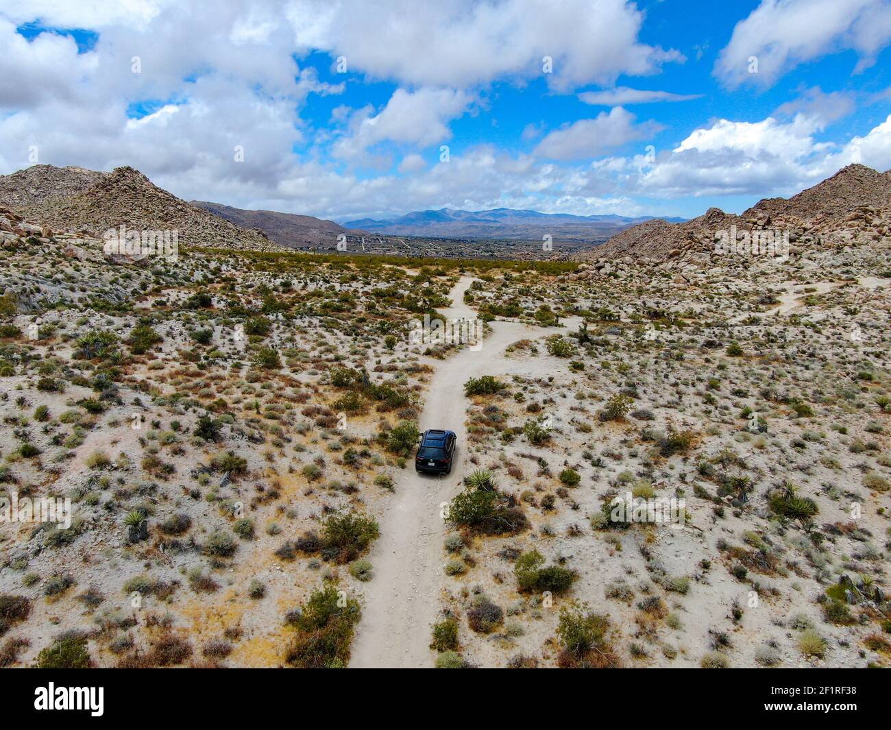 Luftaufnahme von 4x4 Auto fahren Off Road in der Wüste. Joshua Tree Stockfoto
