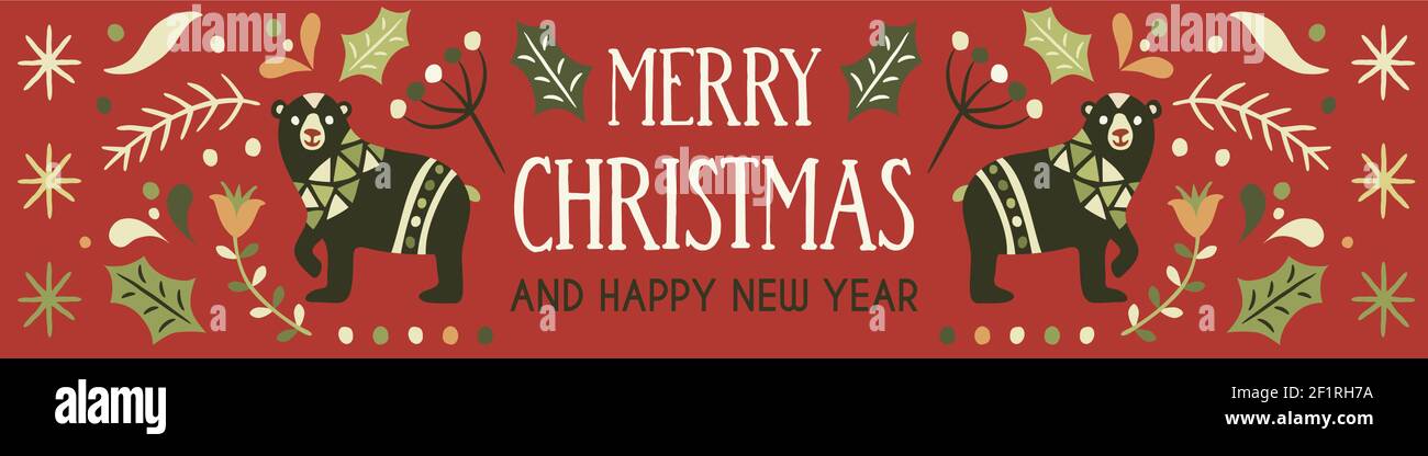 Frohe Weihnachten Happy New Year Gruß Banner Illustration in traditionellen Volkskunst-Stil. Festliches Feiertagsdesign mit nordischer Vintage-Dekoration. Inkl Stock Vektor