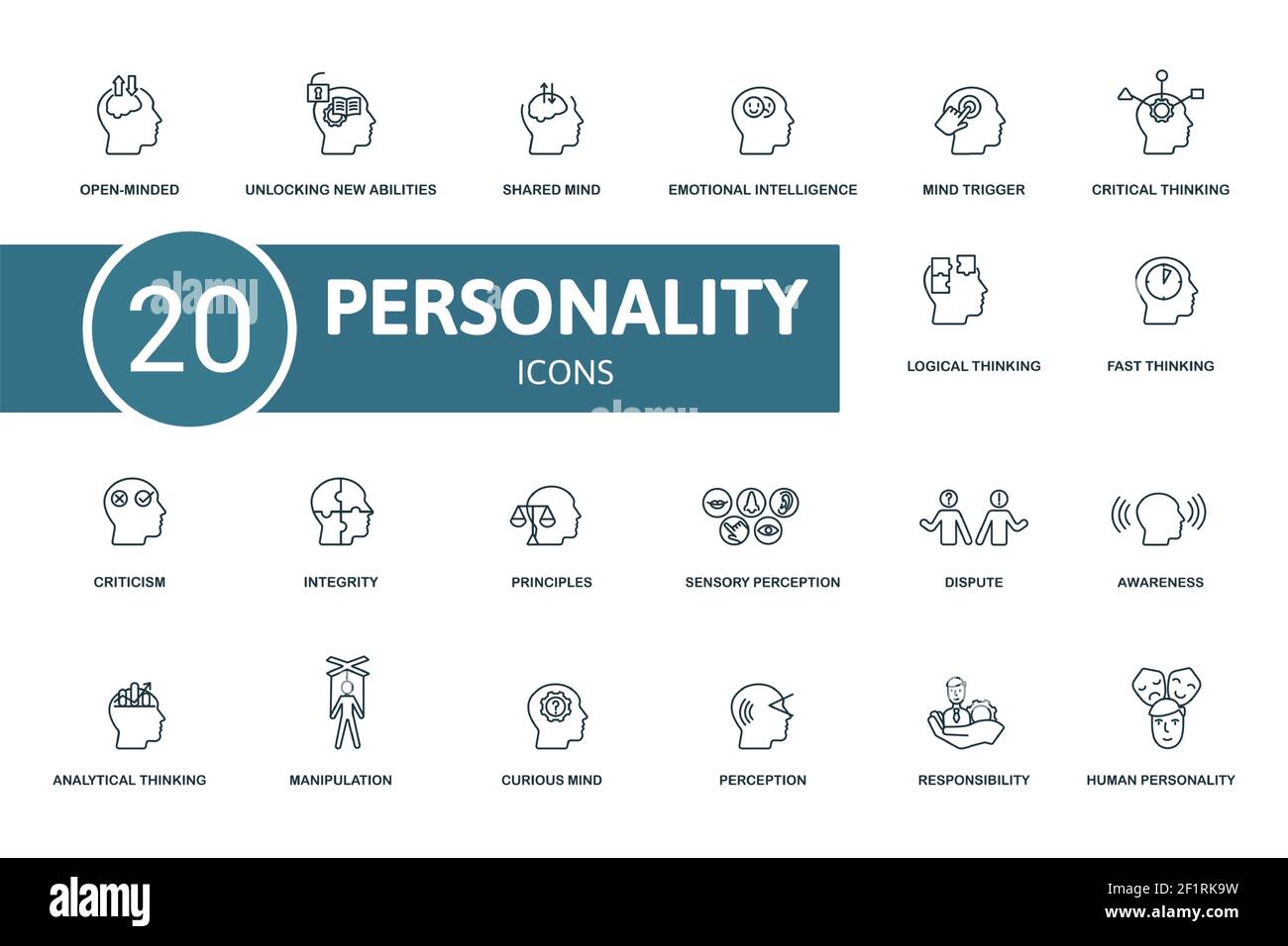 Symbol für Persönlichkeit festgelegt. Enthält editierbare Symbole Persönlichkeitsthema wie die Erschließung neuer Fähigkeiten, emotionale Intelligenz, kritisches Denken und vieles mehr. Stock Vektor