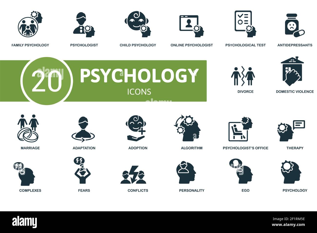 Psychologie-Symbolsatz. Enthält editierbare Symbole Psychologie Thema wie Psychologe, Online-Psychologe, Antidepressiva und vieles mehr. Stock Vektor