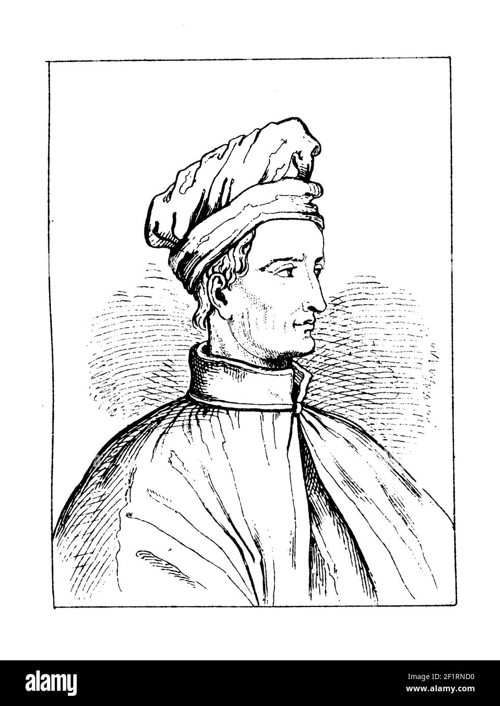 Antike Gravur eines Porträts von Amerigo Vespucci, italienischer Entdecker, Navigator und Kartograph. Er wurde am 9. März 1454 in Montefioralle, Ital, geboren Stockfoto