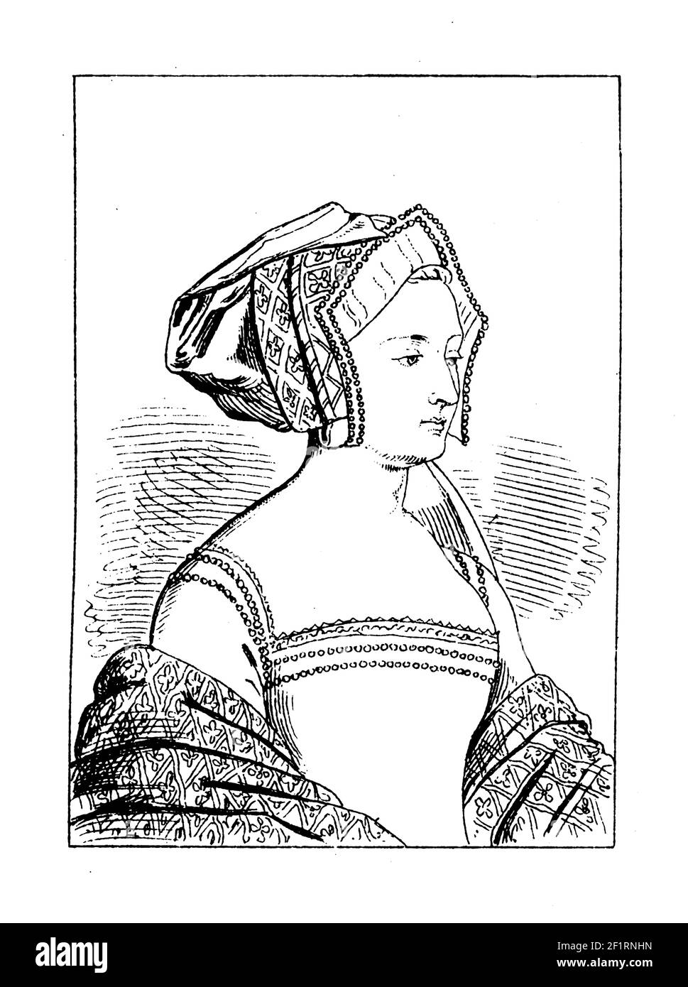 Antike Illustration eines Porträts von Anne Boleyn, Königin von England als zweite Frau von König Heinrich VIII. Sie wurde 1501 (1507) in Norfolk, eng Stockfoto Antike Illustration eines Porträts von Anne Boleyn, Königin von England als zweite Frau von König Heinrich VIII. Sie wurde 1501 (1507) in Norfolk, eng Stockfoto