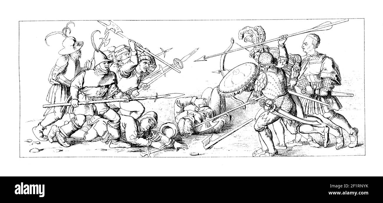 Antike 19th-Jahrhundert-Illustration von A. Dürers Gemälde, die einen Kampf gegen die revoltierenden Bauern. Veröffentlicht in Bilder-Atlas zur Weltgesc Stockfoto
