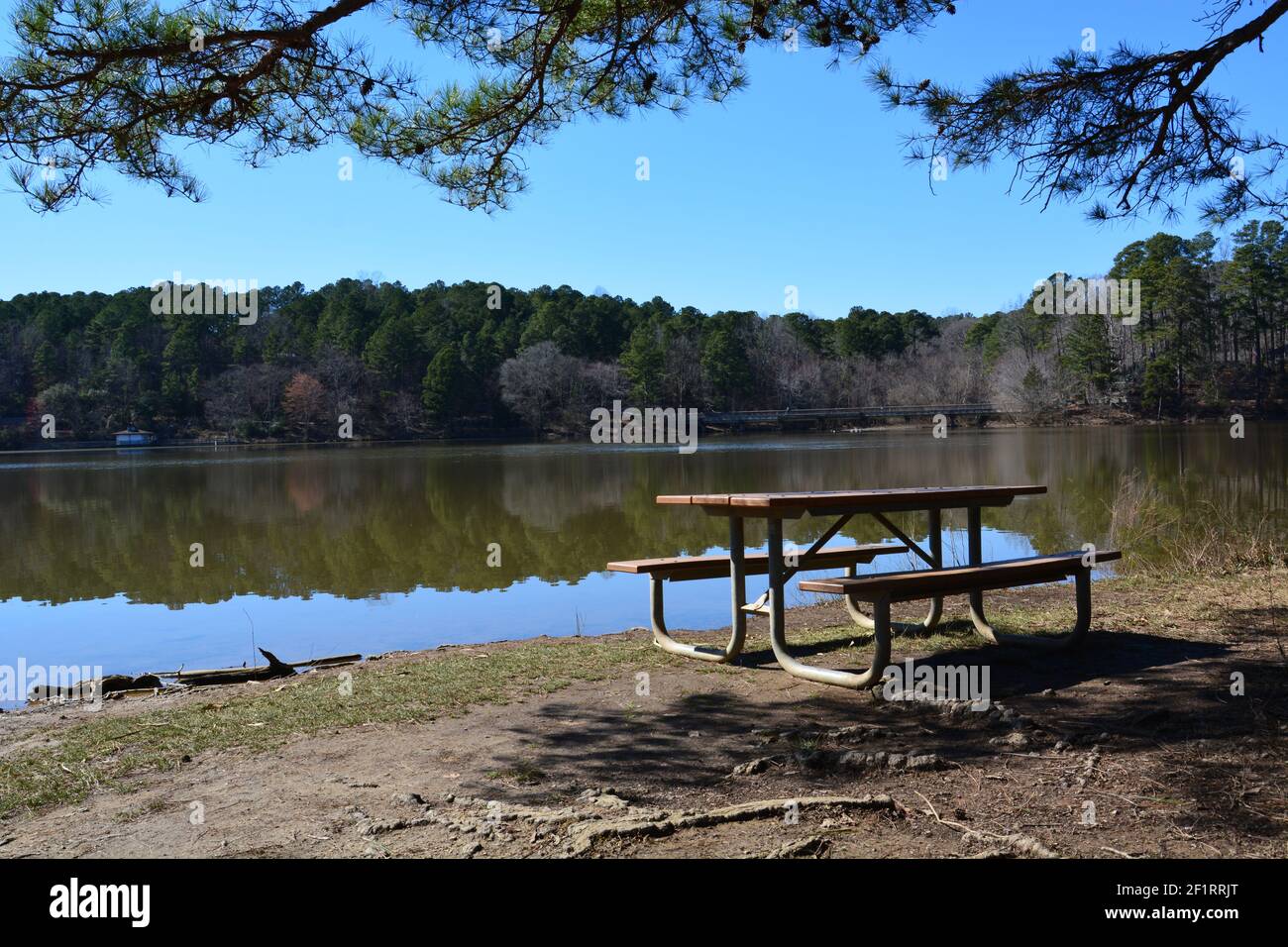 Ein Picknicktisch neben einem See an einem sonnigen Tag in Raleigh, North Carolina. Stockfoto