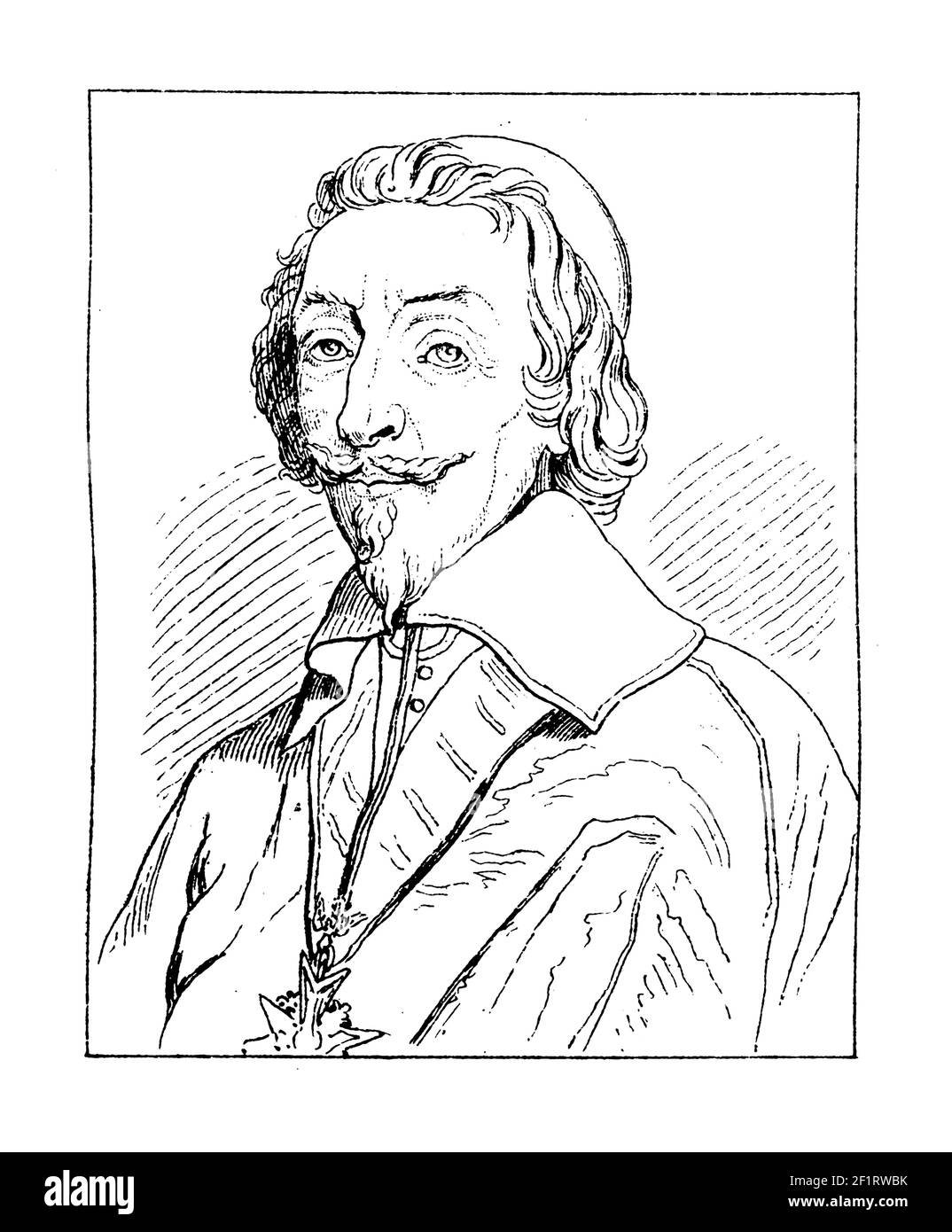 19th-Jahrhundert-Gravur eines Porträts von Kardinal Richelieu, französischer Geistlicher, Adliger und Staatsmann. Er wurde am 9. September 1585 in Paris, Frankreich, geboren Stockfoto
