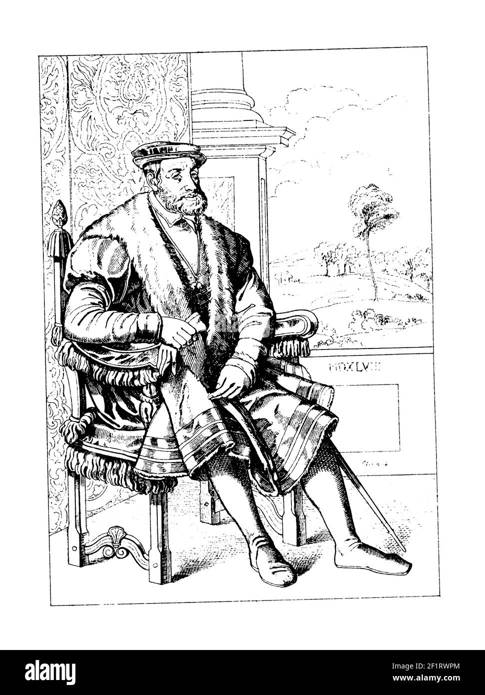 Klassische Darstellung eines Porträts von Karl V., Kaiser des Heiligen Römischen Reiches und König von Spanien. Er wurde am 24. Februar 1500 in Gent, Flandern, Belgien und geboren Stockfoto