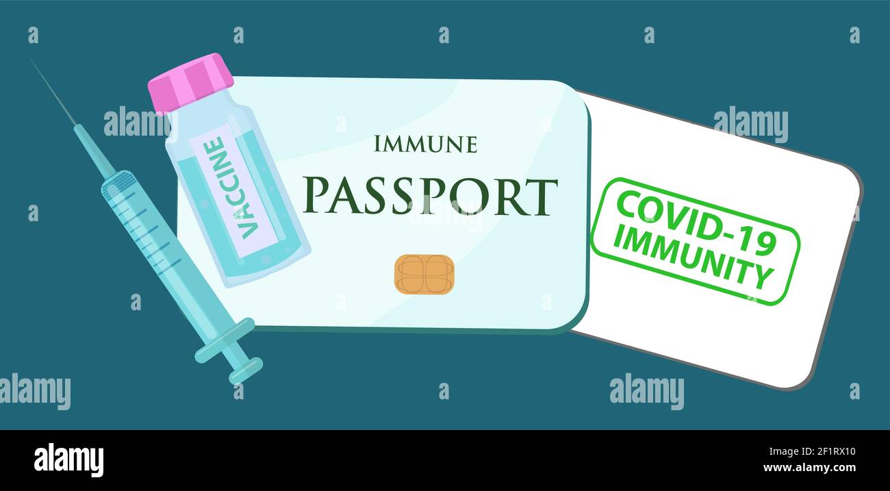 Covid 19 Immun-Pass mit Testergebnis, Visum. Impfpass für Coronaviren. SARS 2019-nCoV, Covid-19 Pandemie-Ende. Vector Stock Vektor