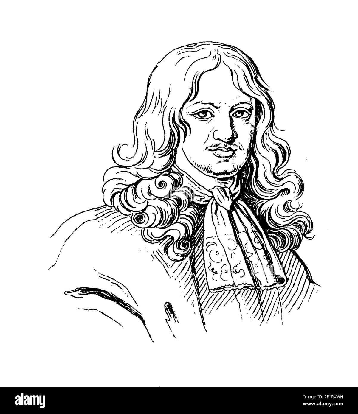 Antike Gravur eines Porträts von Daniel Casper von Lohenstein, barocker schlesischer Dramatiker, Rechtsanwalt, Diplomat und Dichter. Er wurde am 25. Januar 16 geboren Stockfoto