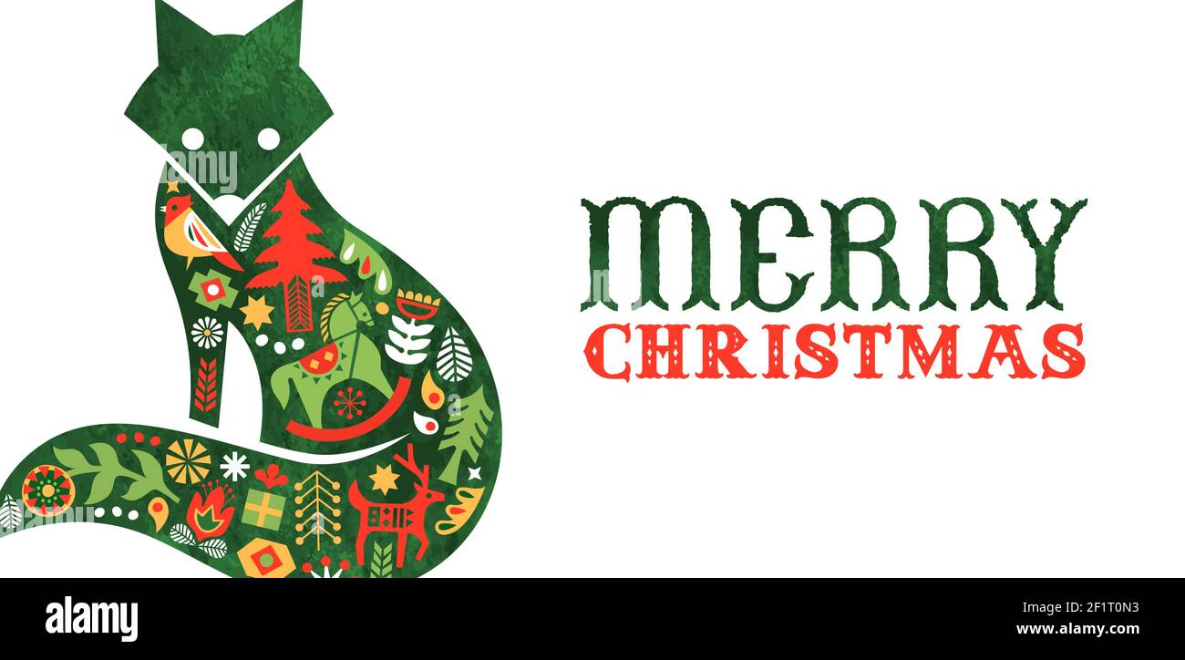 Frohe Weihnachten Retro Folk Art Web Banner. Traditionelle nordische Dekoration in Aquarell Fuchs Tier für Urlaubseinladung oder saisonale Grüße. Inklusive Stock Vektor