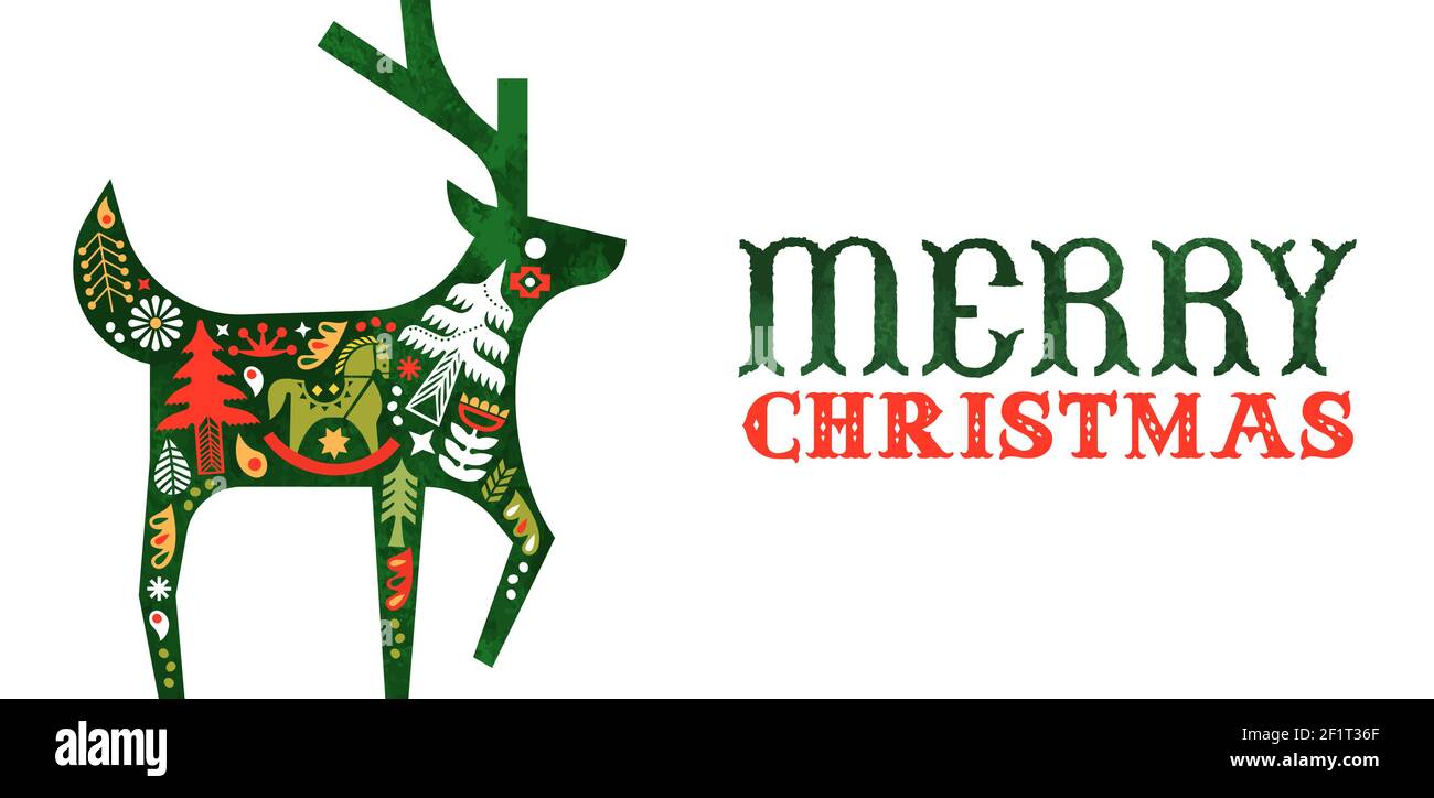 Frohe Weihnachten Retro Folk Art Web Banner. Traditionelle nordische Dekoration innen Aquarell Rentier Form für Urlaub Einladung oder saisonale Grüße Stock Vektor