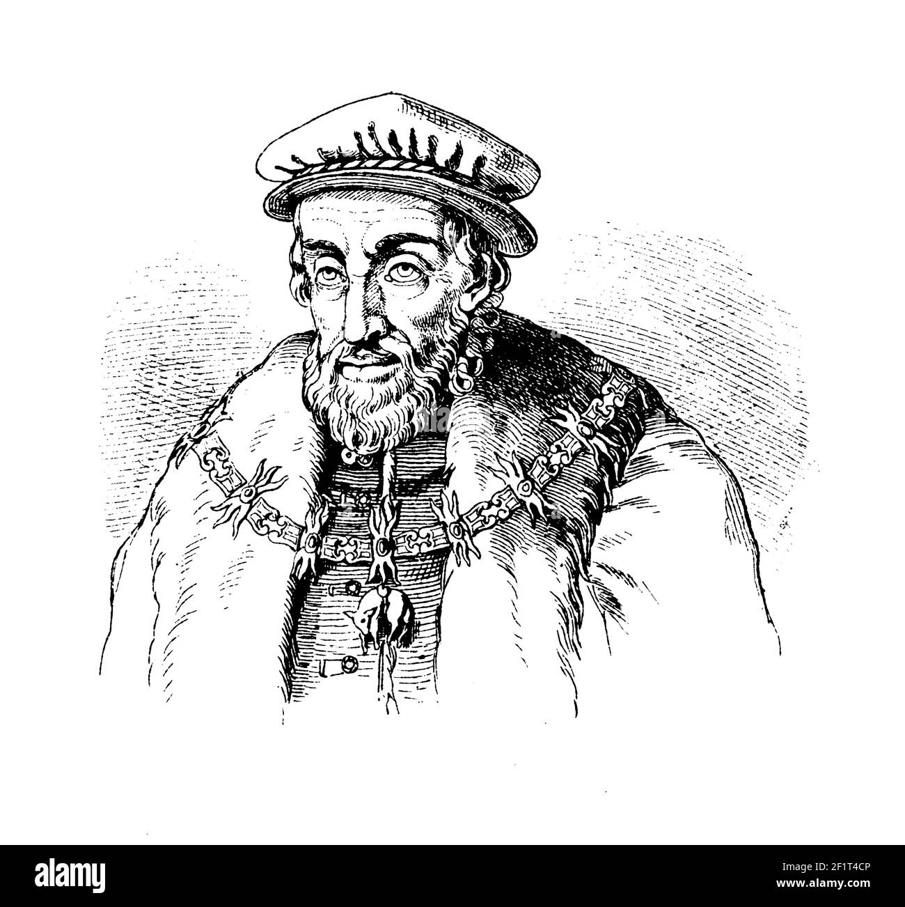 Vintage-Illustration eines Porträts von Ferdinand I., Kaiser des Heiligen Römischen Reiches, König von Böhmen und Ungarn. Er wurde am 10. März 1503 in Alcala de Henares geboren Stockfoto