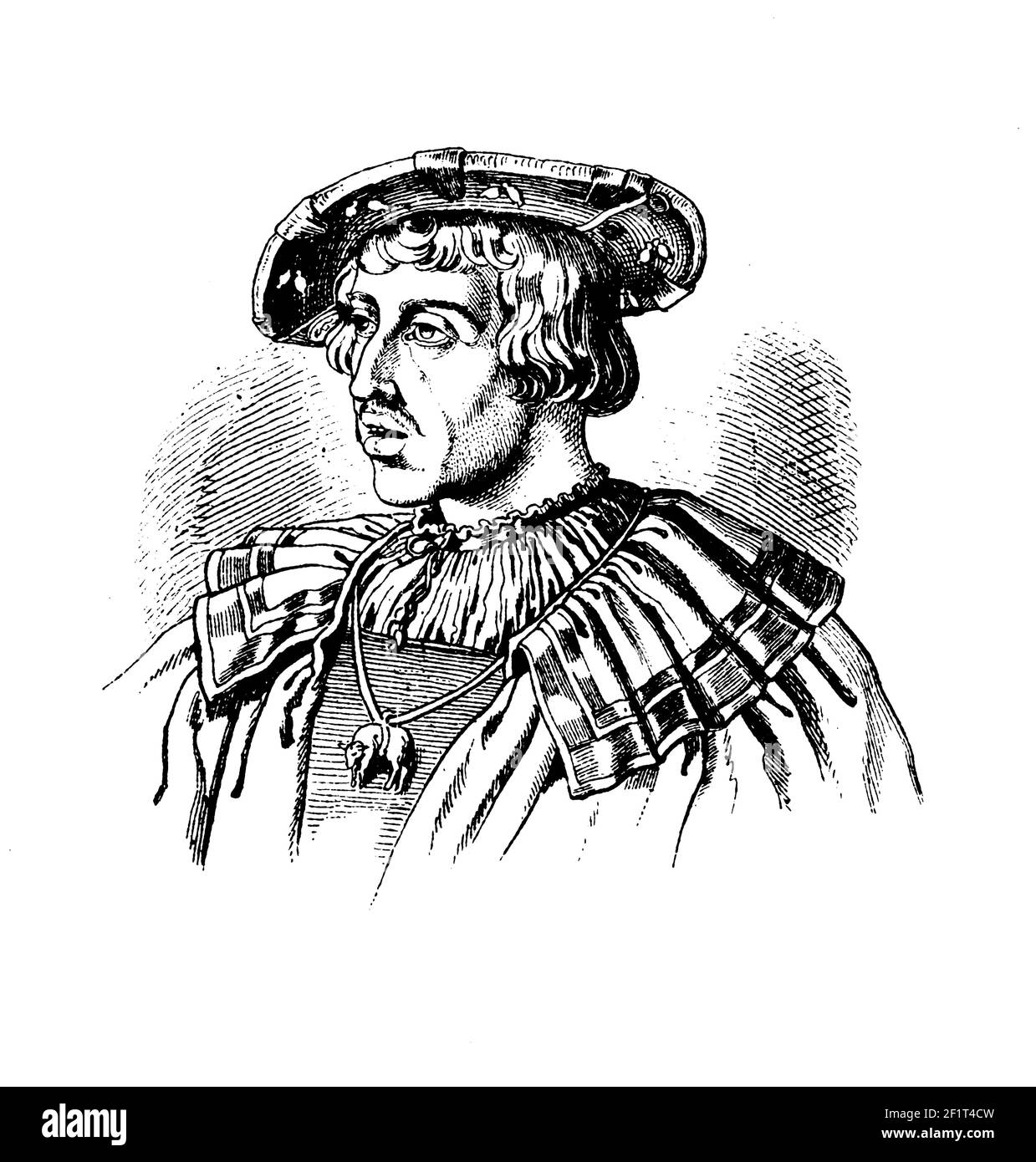 Klassische Gravur eines Porträts von Ferdinand I., Kaiser des Heiligen Römischen Reiches, König von Böhmen und Ungarn. Er wurde am 10. März 1503 in Alcala de Henares, C geboren Stockfoto