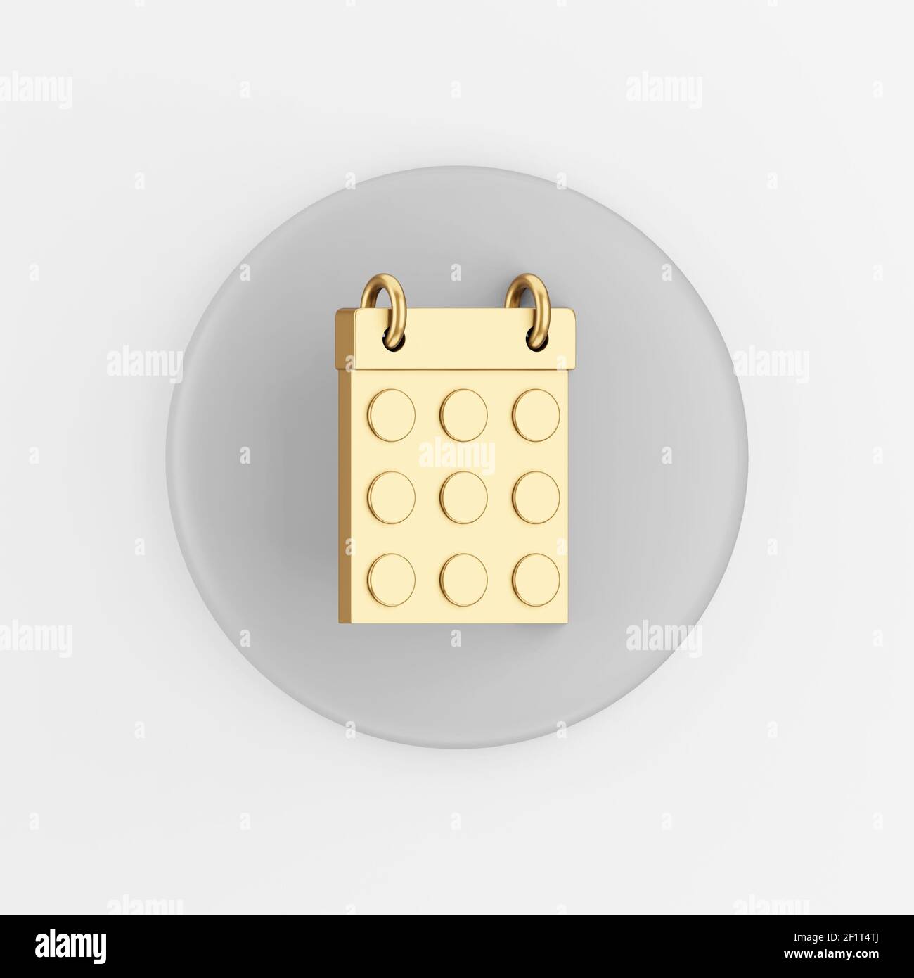 Runde Datum Kalender goldenes Symbol. 3D Rendering grey round key button, Interface ui ux Element Stockfoto